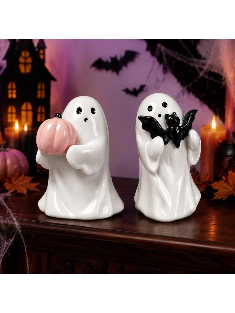 2 Pcs Halloween Resin Ghost Figurines Cute Tabletop Decor with pumpkin and bat